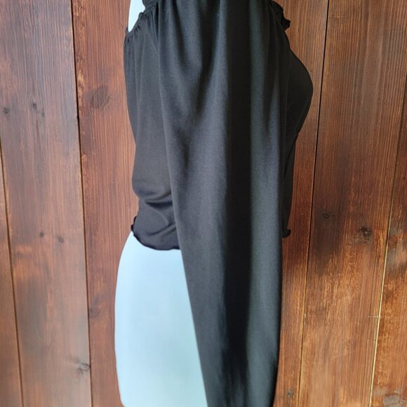 Black Off-Shoulder Crop Top Women L Ruffle Neck Balloon Sleeve Y2K 90s Vintage - Picture 11 of 13